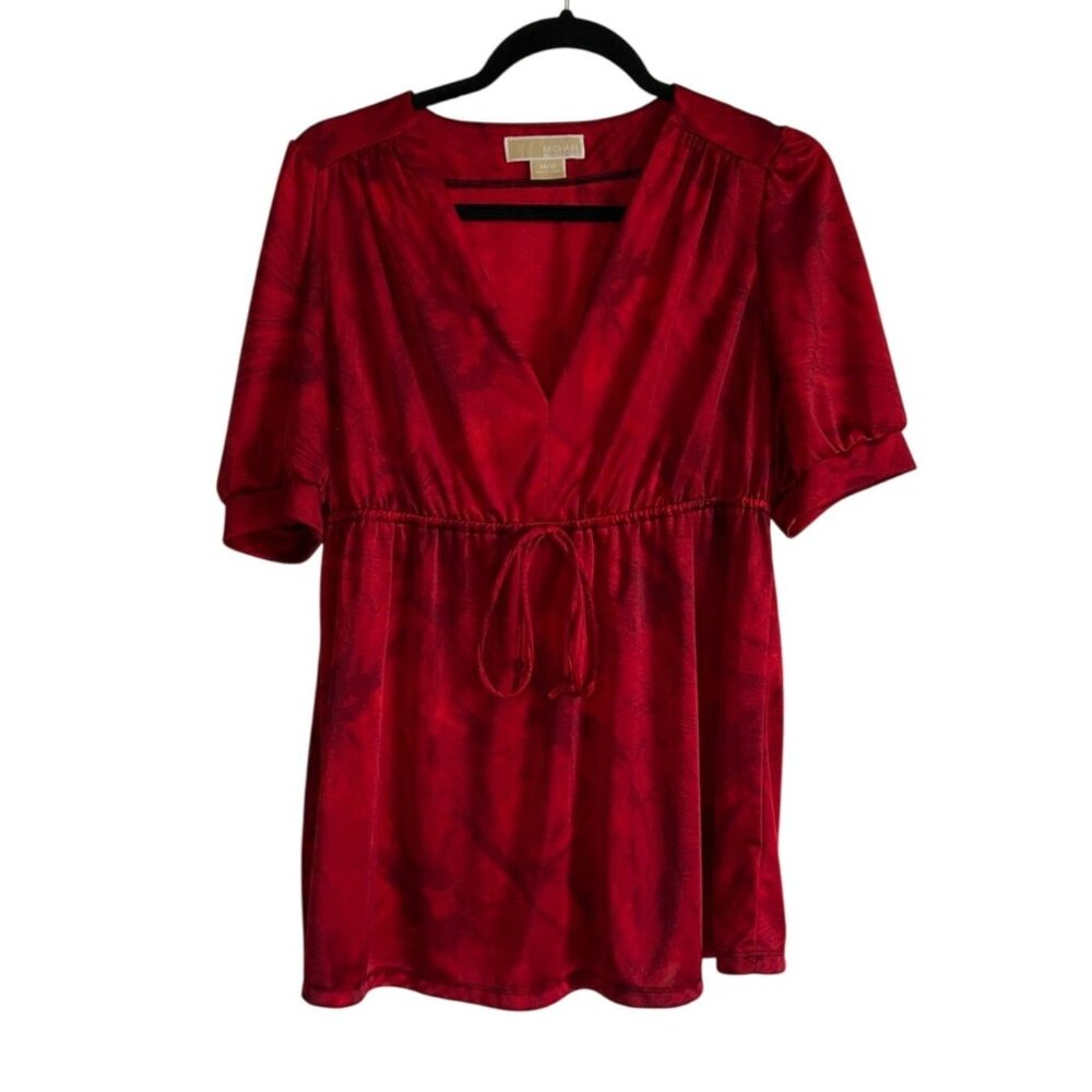 Michael Kors Womens Red Tie-Waist Baby Doll Top Floral M Short Sleeve Christmas